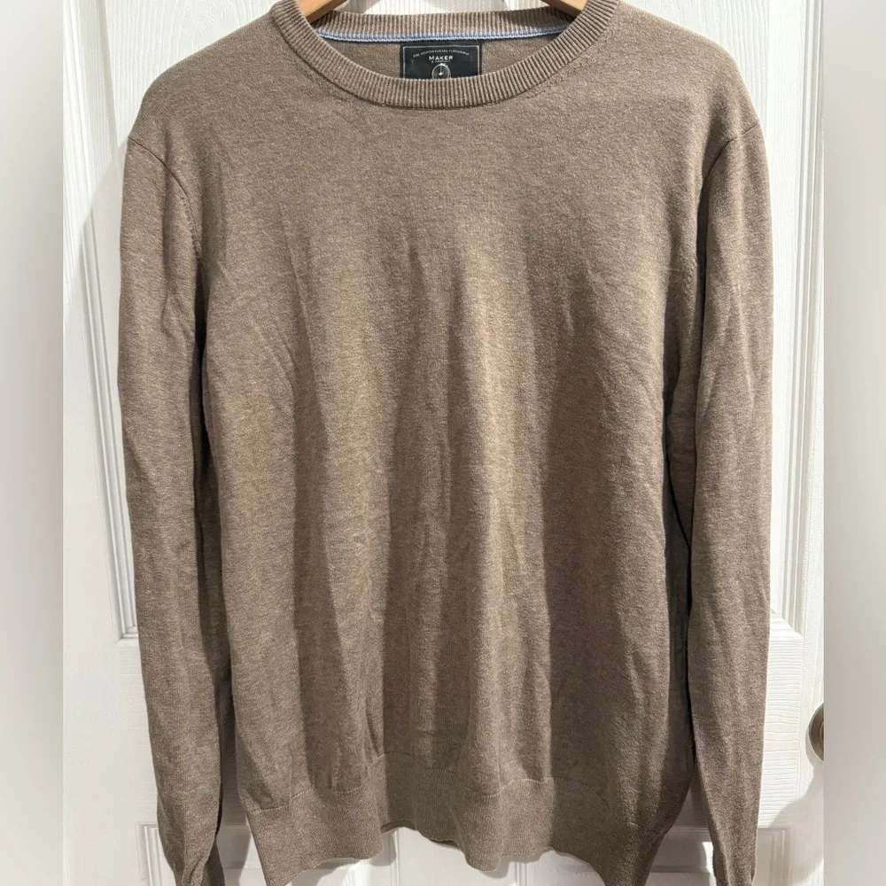 Tan Crewneck Sweater Periwinkle Blue Elbow Patches Ribbed Cuffs 100% Cotton